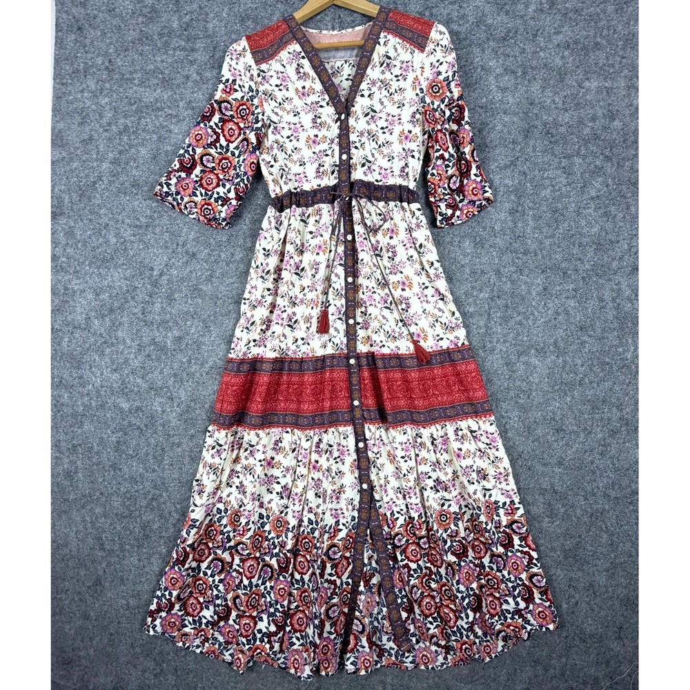 Womens Maxi Dress Large Multicolor Floral Boho Festival Artsy Fun Picnic Date